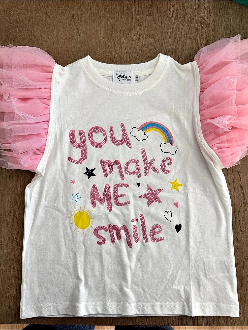 Lola & The Boys Graphic Tulle Sleeve Top in White & Pink Like New